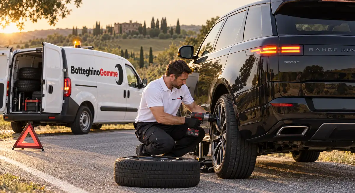 Gommista di Botteghino Gomme che cambia una gomma per strada a una Range Rover Sport, con il furgone Fiorino dell’officina mobile